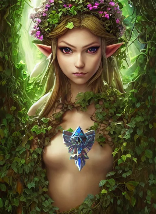 Image similar to beautiful full body portrait of the legend of Zelda ocarina of time great fairy, her body wrapped with ivy vines leaves and flowers, dark fantasy esoteric, D&D, fantasy, cinematic lighting, intricate, elegant, highly detailed, digital painting, artstation, concept art, matte, sharp focus, illustration, art by Artgerm and Tom Bagshaw and Greg Rutkowski and Alphonse Mucha