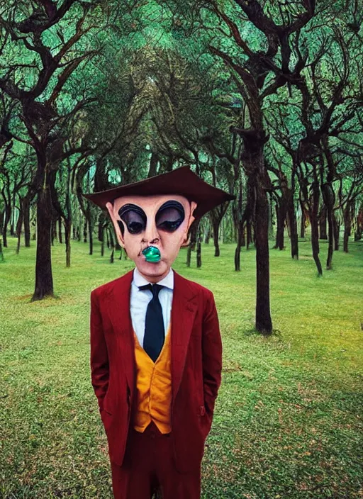 Prompt: a person wearing a Dali mask in an open forest cinema style of Wes Anderson