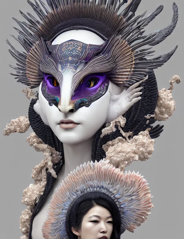 Image similar to 3 d goddess close - up frontal portrait with ram skull. beautiful intricately detailed japanese crow kitsune mask and clasical japanese kimono. betta fish, jellyfish phoenix, bio luminescent, plasma, ice, water, wind, creature, artwork by tooth wu and wlop and beeple and greg rutkowski