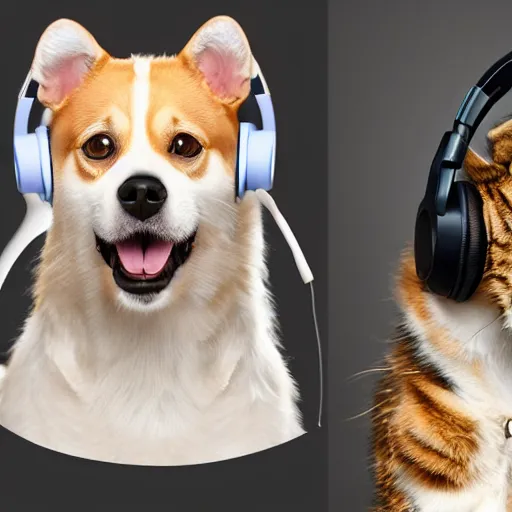 Prompt: a photorealistic dog and cat wearing headphones smiling, 8 k resolution, studio lighting, highly detailed,