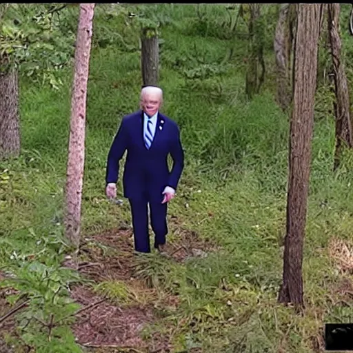 Prompt: trailcam footage of Joe Biden hiding behind trees