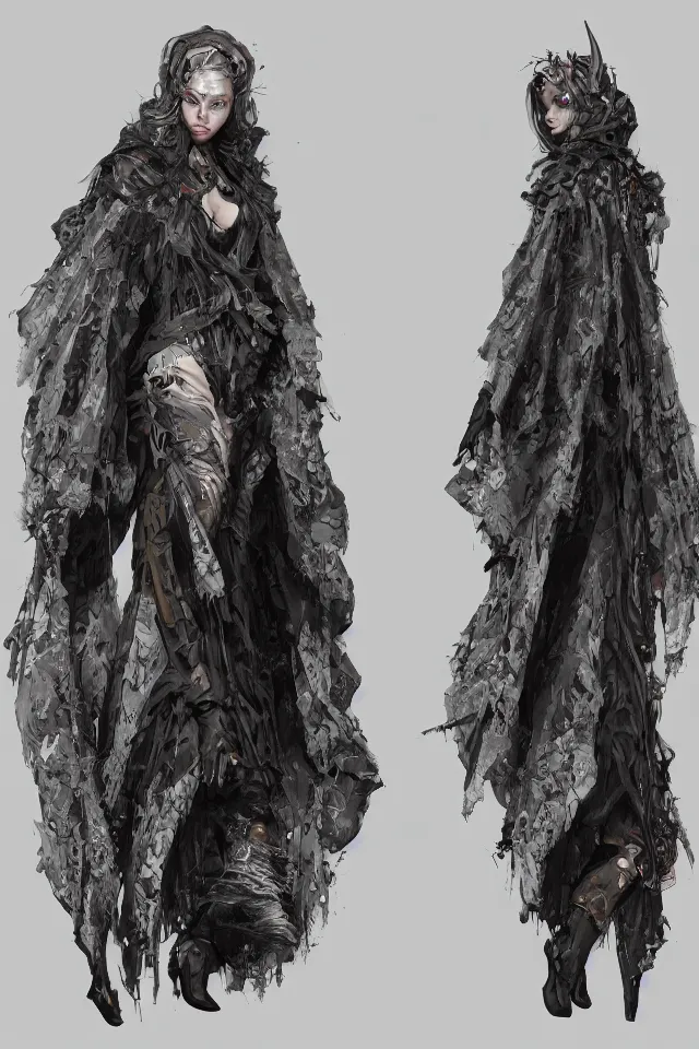 Image similar to character design, beautiful witch-woman in tactical camouflage poncho designed by alexander mcqueen and acronym, rim light, high key, ultra detailed, painting, concept art, hyperdetailed