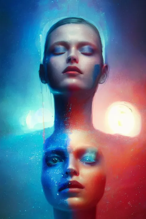 Image similar to 3 d, sci - fi, sunrise, sleepy fashion model face, happy blue faces, sun, cinematic, vogue cover style, poster art, light red and deep blue mood, realistic painting, intricate oil painting, high detail, figurative art, multiple exposure, poster art, 3 d, by tooth wu and wlop and beeple and greg rutkowski