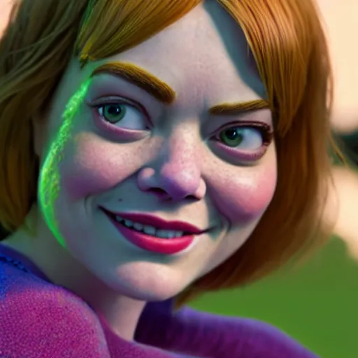 Image similar to Emma Stone as a female version of Shrek, Shrek face features, fully detailed, high quality , 4k , octane render , soft lightening , masterpiece