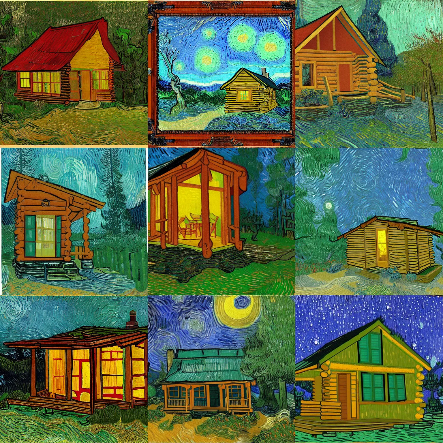 Prompt: [ a log cabin in the forest ] [ van gogh ] [ nanite ]