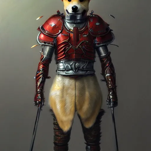 Prompt: anthropomorphic shiba inu, berserk anime guts armor and two hand guts sword, red light aura, fantasy, dark, portrait art by donato giancola and greg rutkowski, realistic face, visible aura, digital art, trending on artstation, symmetry