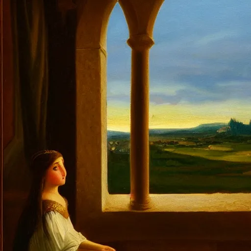 Image similar to very very very beautiful and detailed oil painting of a medieval princess staring sadly out of a castle window onto a sunlit landscape during dusk, 8k