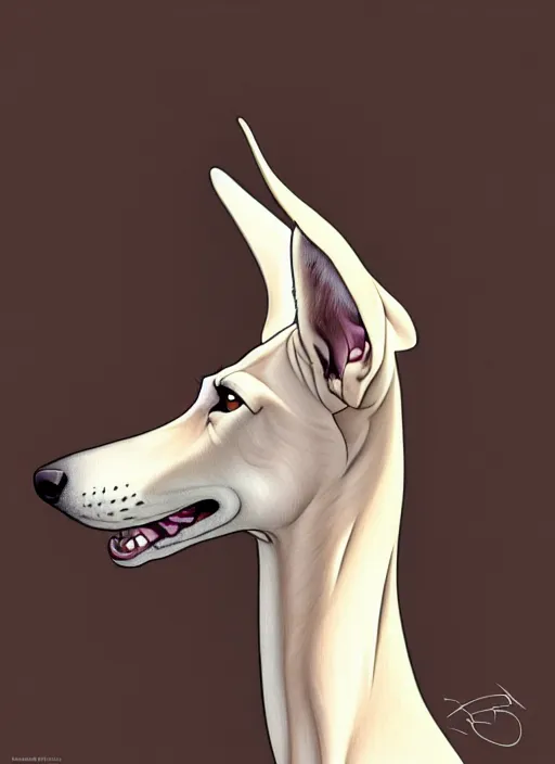 Image similar to demonic white brown greyhound, natural lighting, path traced, highly detailed, high quality, digital painting, by don bluth and ross tran and studio ghibli and alphonse mucha, artgerm
