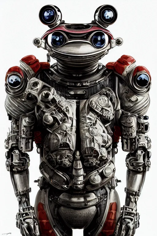 Image similar to a portrait of a muscular anthropomorphic cyberpunk frog in spacesuit armor with ensignia on chest plate by sandra chevrier, by jon foster, detailed render, post - processing, extremely hyperdetailed, intricate, epic composition, cybernetics, 4 k realistic, cryengine, realistic shaded lighting, sharp focus, masterpiece, by enki bilal