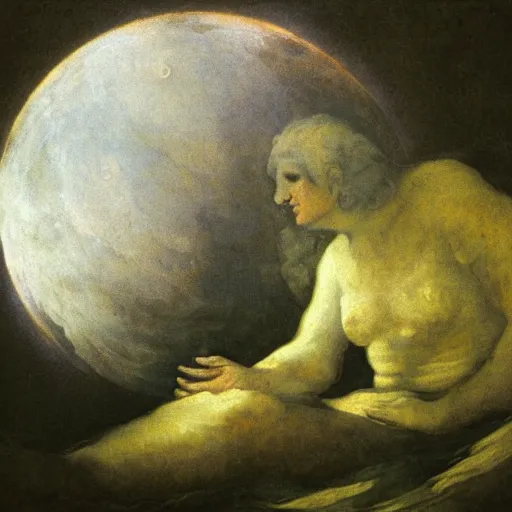 Image similar to luna grieving gaia, fresco by francisco goya