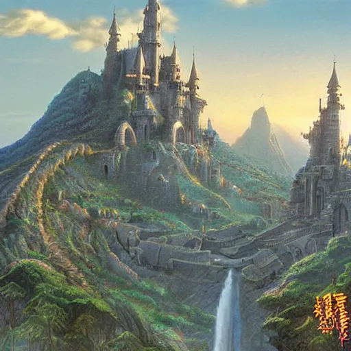 Image similar to A beautiful detailed landscape matte painting of Castle in the Sky, by Hayao Miyazaki