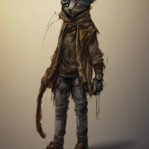 Image similar to dirty homeless humanoid cat wearing rags, concept art, d & d, fantasy, trending on artstation