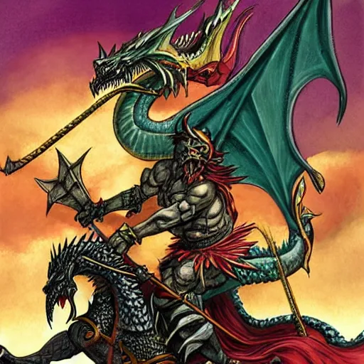 Image similar to full - color fantasy art by chris achilleos of a male barbarian riding a serpent - like dragon.