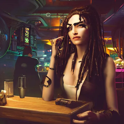 Image similar to a high quality portrait of a beautiful pirate in a cyberpunk cyberpunk cyberpunk cafe, realism, 8k, award winning photo