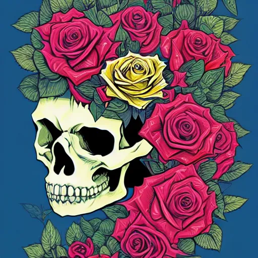 Image similar to large skulls and vivid roses, Jen Bartel, Dan Mumford, Satoshi Kon, gouache illustration