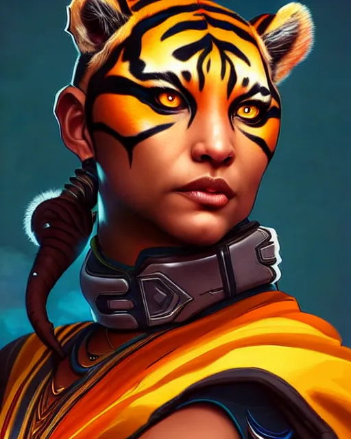 Image similar to The Tiger Queen as an Apex Legends character digital illustration portrait design by, Mark Brooks detailed, soft lighting