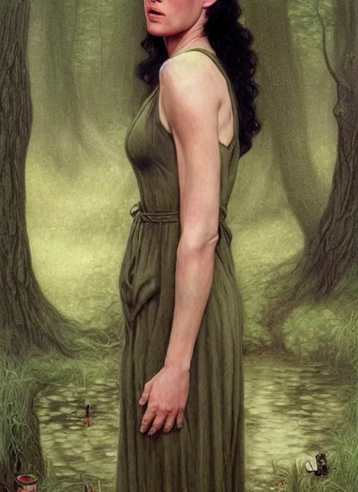 Image similar to portrait of jennifer connelly in searching in the woods standing before the mysterious small pond, twin peaks poster art, from scene from twin peaks, by michael whelan, rossetti bouguereau, artgerm, retro, nostalgic, old fashioned