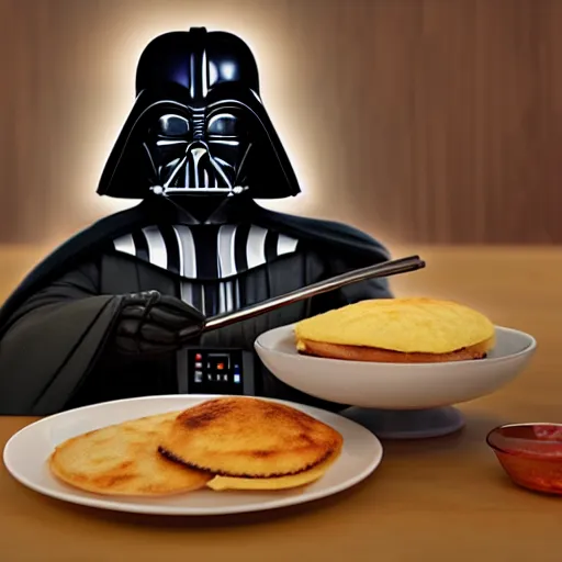 Image similar to A still of Darth Vader eating arepas, 4k, photograph, ultra realistic, highly detailed, professional lighting