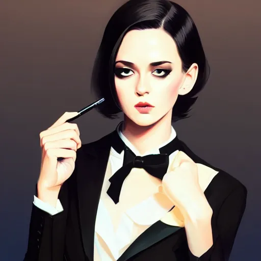 Image similar to young female in black tuxedo, corporate boss, luxury, muted colors, matte print, pastel colors, 2d, ultra highly detailed, smooth, sharp focus, digital art, digital painting, fan art, elegant, artstation, by Ilya Kuvshinov