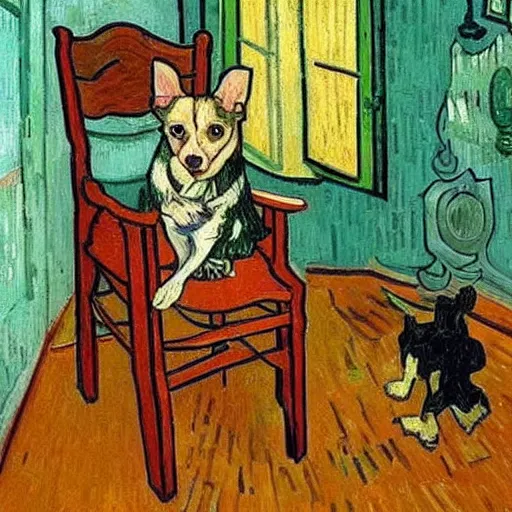 Image similar to A Van Gogh painting of a dog sitting in a chair inside a room that is on fire, this is fine