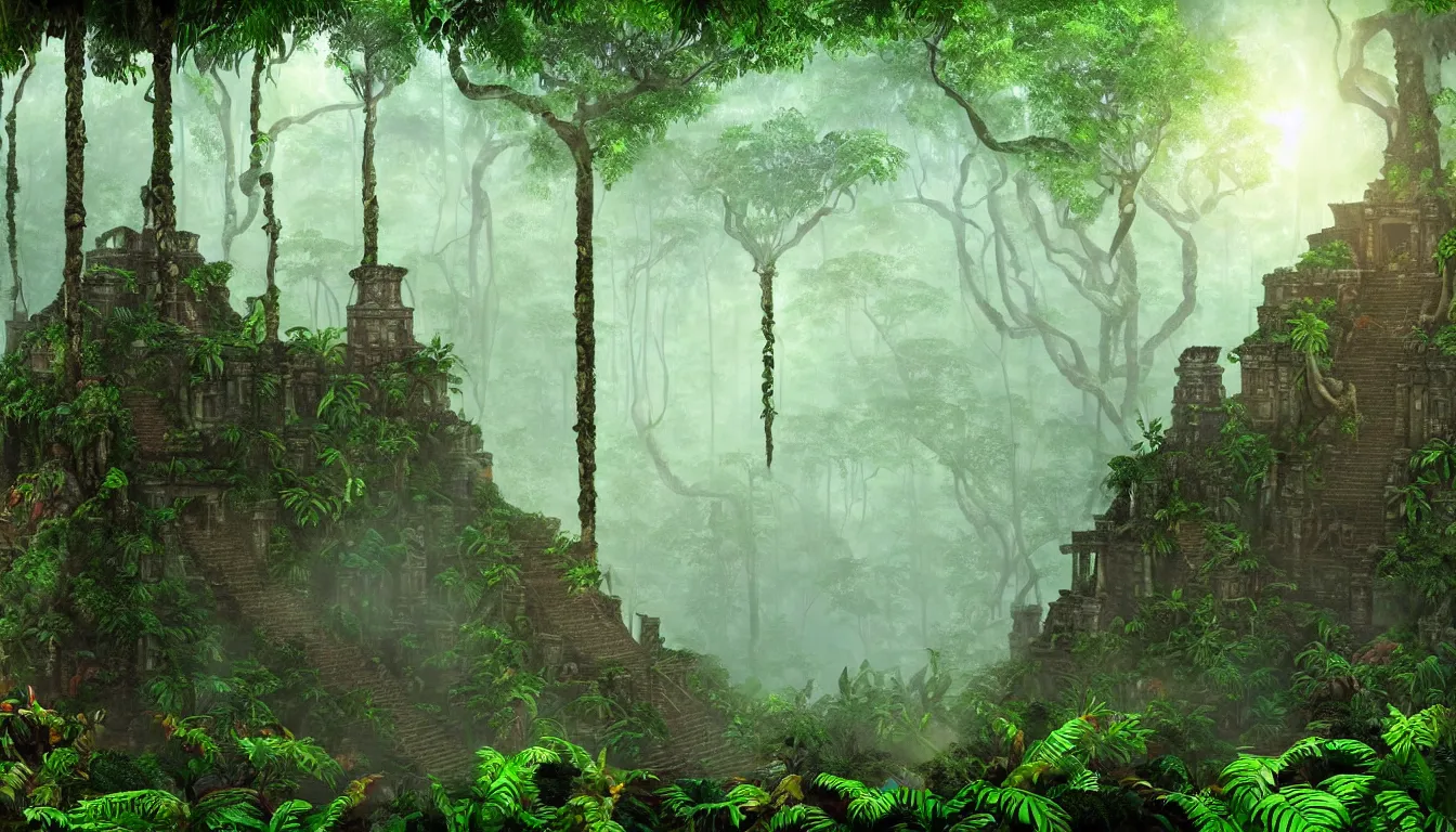 Image similar to entrance to the mayan jungle forest realm of biodiversity , side-scrolling 2d platformer game level, swirling clouds of magical mist in the trees, fantasy vegetation, majestic ancient temple pillar ruins, dramatic dusk sun illuminates areas, volumetric light , detailed entangled roots carpet the forest floor, rich color, upscale , 8k