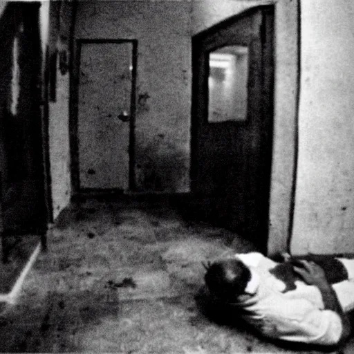 Image similar to creepy backrooms, creepy creature devouring the man on the floor, horror photo, photo from cctv footage, black and white