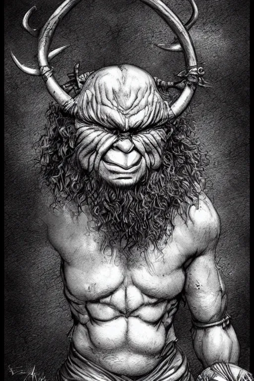 Image similar to hunched troll with a horn on his head, fantasy, highly detailed, digital art, sharp focus, trending on art station, kentaro miura manga art style