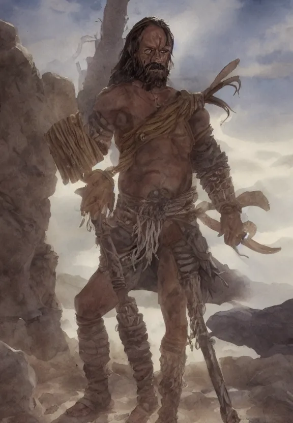 Image similar to a solitary randy savage with an anchor slung over his shoulder alone in a rocky desolate wasteland | portrair | fantasy watercolour painting | middle earth | pathfinder | artstation | conan | darksun | d & d dungeons and dragons | barbarian