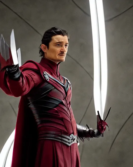 Prompt: A movie still of Orlando Bloom as Magneto in X-Men movie, dynamic lighting, villain pose, 8k, 2022 picture of the year