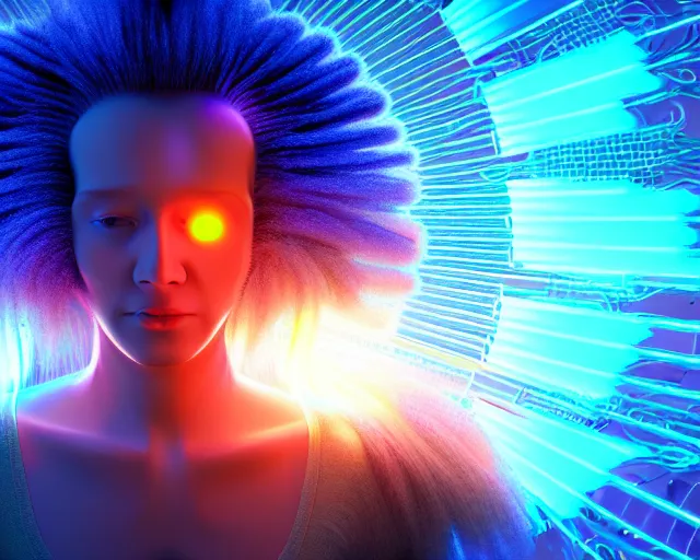 Image similar to glowing hair, complex cybernetic beings, beautiful hairy humanoids, cybermagnetosphere, cybernetic civilizations, ornate hair, love, joy, vortexes, large arrays, data holograms, 8 k, cinematic light shadows, wet hdr refractions, *, * * *, * * * * *