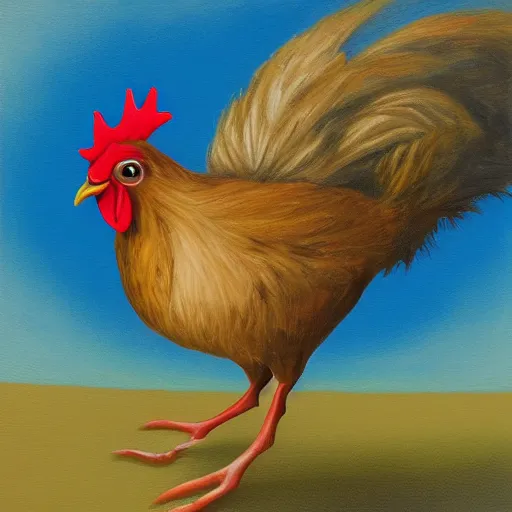 Prompt: A hungry chicken from an ant's point of view, pop surrealism