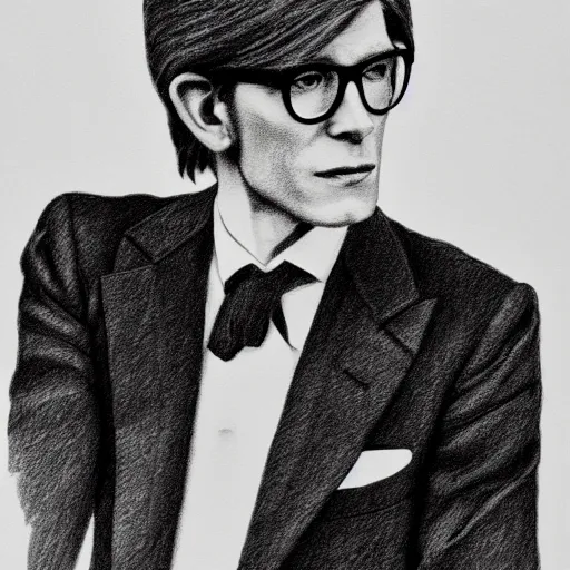 Image similar to pencil illustration of Yves saint laurent highly detailed, cinematic,