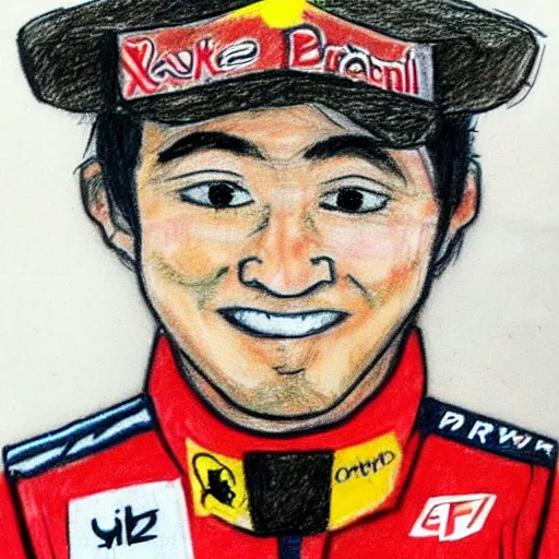 Prompt: a badly drawn picture of f 1 driver yuki tsunoda, caricature!!!, funny, crayon art, bad, beginner art