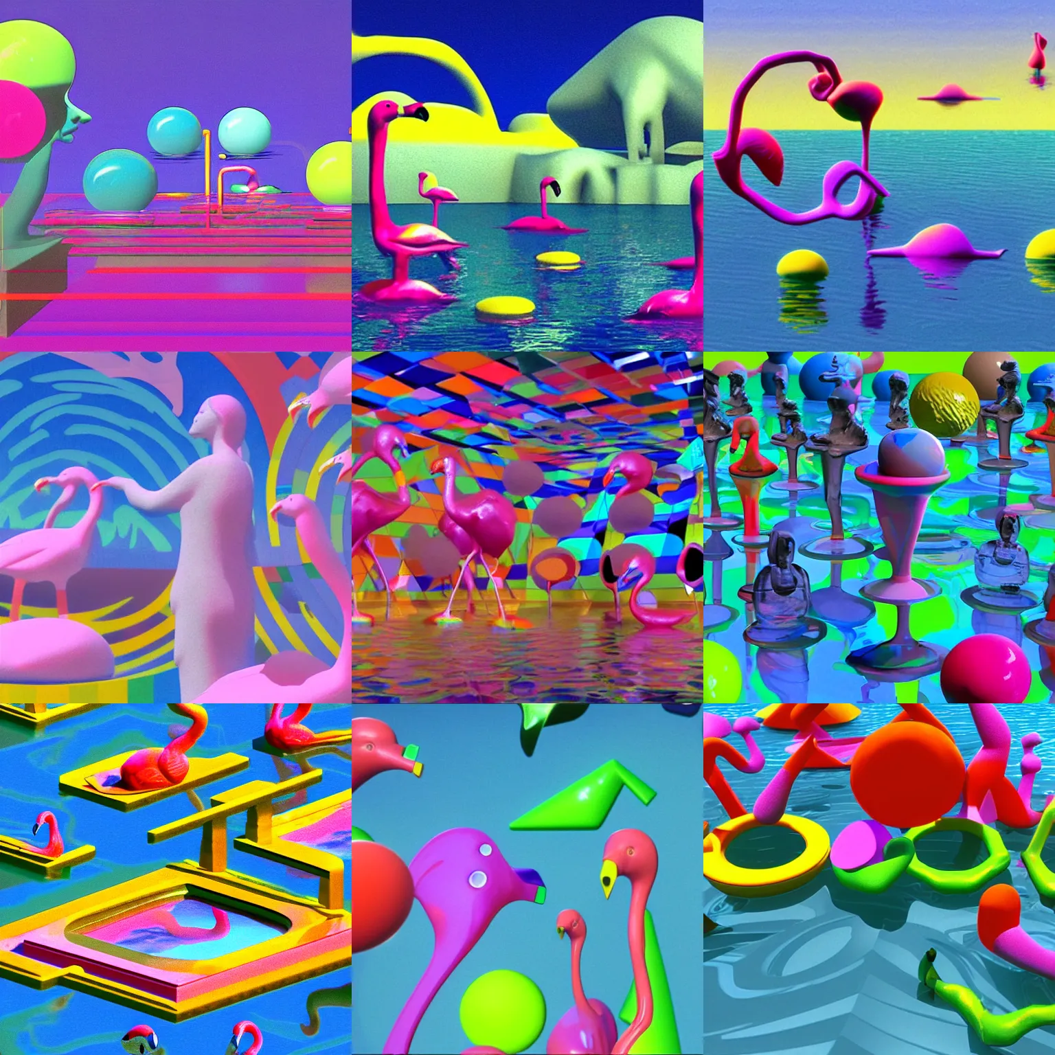 Prompt: still from a 1 9 8 3 3 d computer animation, constructive solid geometry, floating colorful geometric shapes and structures, statues, faces, water, spheres, glass, marble, chrome, stone, dolphins, clouds, neon flamingos, modern art museum, vaporwave