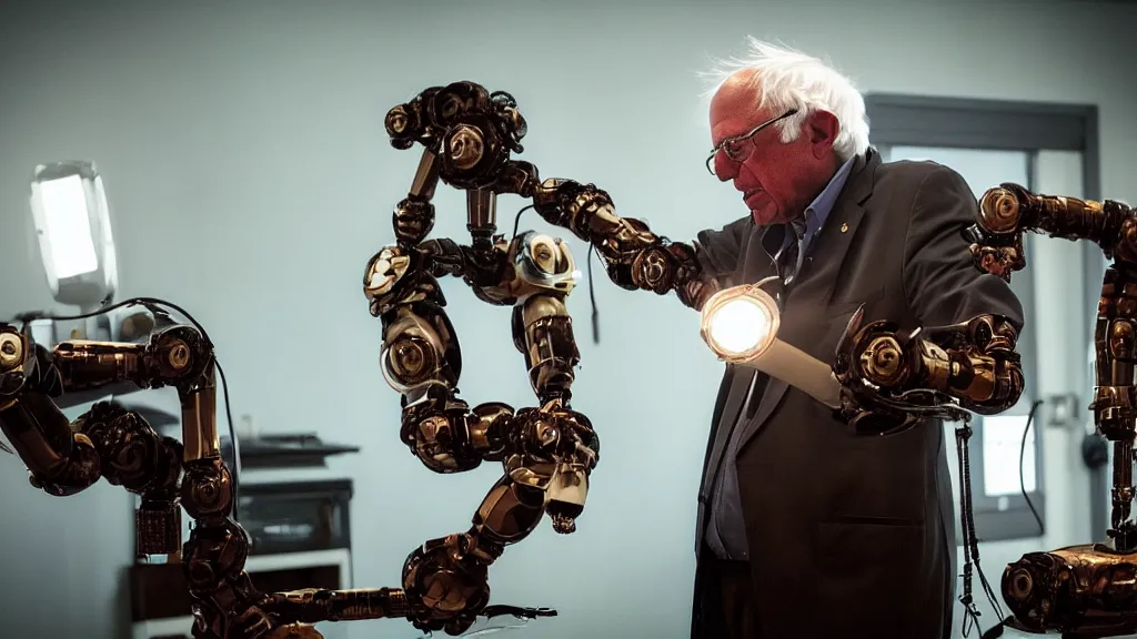 Image similar to bernie sanders putting the finishing touches on a cute clockwork doomsday robot, cinematic moody lighting, sharp focus, imax