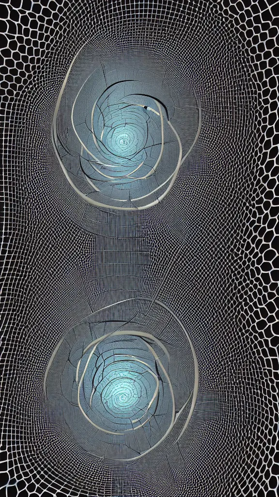 Image similar to 3d fractal wallpaper by Escher, geometrical figures, mandelbulb, fragmentarium, 3d effect, picture through the screen, spirals tubes roots, completely filled space, psychedelic!!, 3d fractal background, digital art, high details, depth of field, hard lighting!, trending on artstation, deviantart, octane render, HD, (((Low light))), 8k, eric zener, zdzisław beksiński, dark background