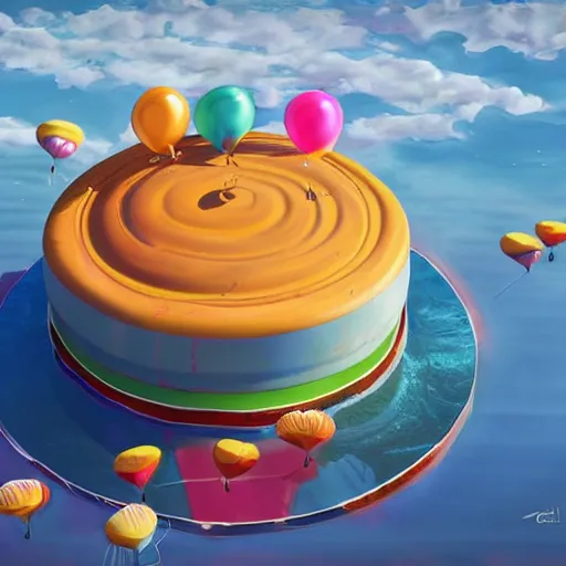 Prompt: a giant floating cake and plenty of floating birthday balloons. digital art, highly - detailed, artstation cgsociety masterpiece