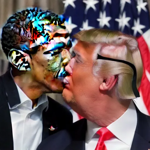 Image similar to a photograph of Barack Obama and Donald trump kissing each other