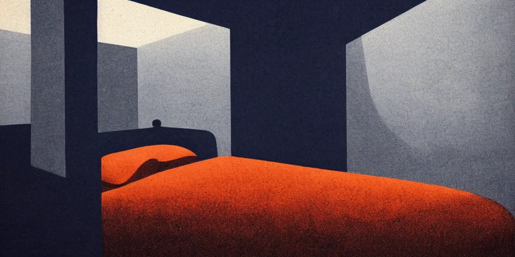 Image similar to luxury bedroom, mads berg, karolis strautniekas, film noir, stippled light, dramatic lighting, editorial illustration, detailed, fine texture, matte print, art deco, brutalism, dark blue + dark orange, red, black, ( ( habitat 6 7 background ) ) 1 0 2 4