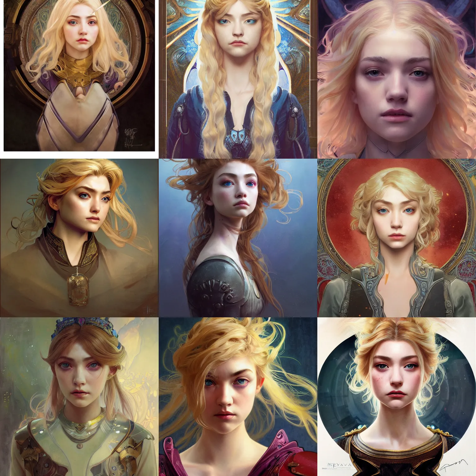Prompt: masterpiece head-on symmetrical centered painted portrait, Imogen Poots as a paladin, blonde hair, elegant, in the style of Ruan Jia and Ross Tran and Alphonse Mucha and Ayami Kojima and Charlie Bowater and Karol Bak and Jean Delville, pixar, maya engine, splash comics, global illumination lighting