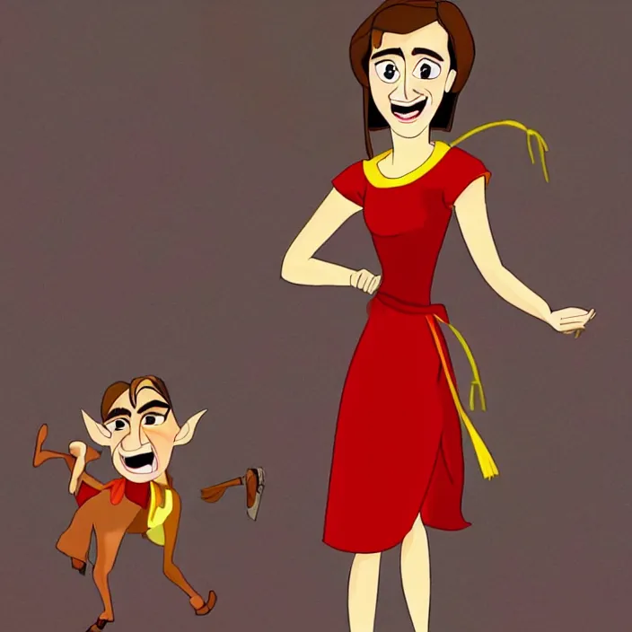 Prompt: A cartoon of a Joyful! and smiling Emma Watson wearing red clothes, in the style of The emperor's new groove (2000). Clear body. Light Clothes. Low angle.