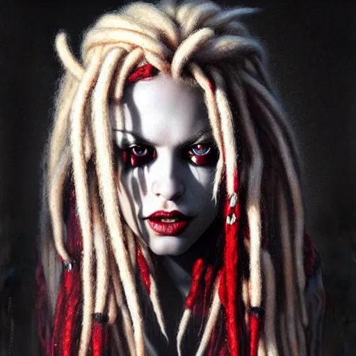 Image similar to portrait of flawless beautiful psychopathic female with blonde and red dreadlocks, dark, piercing eyes, exotic expression, esoteric clothing, photorealistic, highly detailed, mysterious lighting, artstation, smooth, sharp focus, art by michael whelan, artgerm, greg rutkowski and luis royo