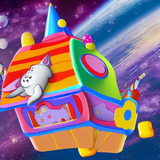 Prompt: Howl's Moving Candy Castle In Space With Flying Pigs