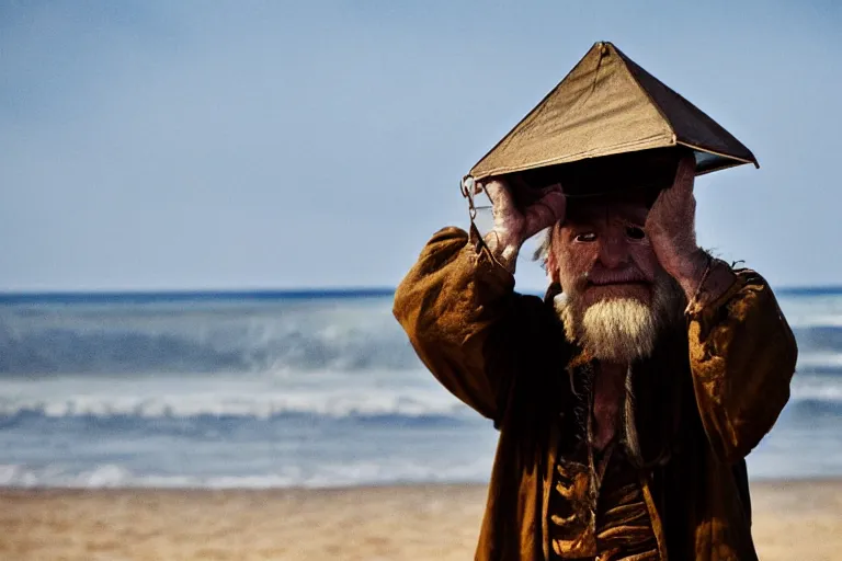 Image similar to closeup old man holding up a lantern on the beach in a pirate ship bay meet to a old wood shack by emmanuel lubezki