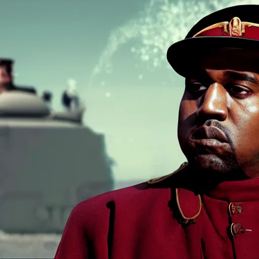 Image similar to kanye wst as muammar kadhafi as emperor napoleon in fallout, splash art, movie still, detailed face, cinematic lighting, dramatic, octane render, long lens, shallow depth of field, bokeh, anamorphic lens flare, 8 k, hyper detailed, 3 5 mm film grain