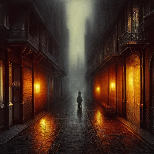 Image similar to victorian city street, dark, misty, at night, 8 k, detailed, concept art, trending on artstation