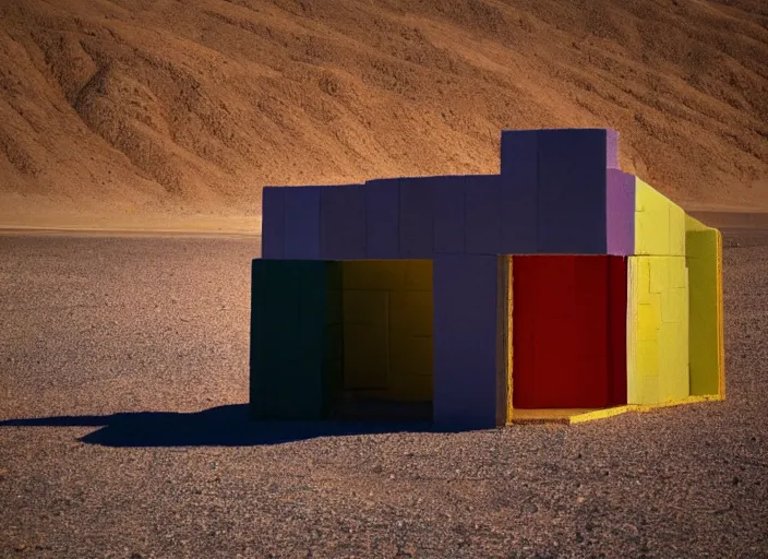 Image similar to a house made out of tetris blocks in death valley, sunflare, windy, dusty, rust, cinema, epic, michael bay style, artistic, colorful