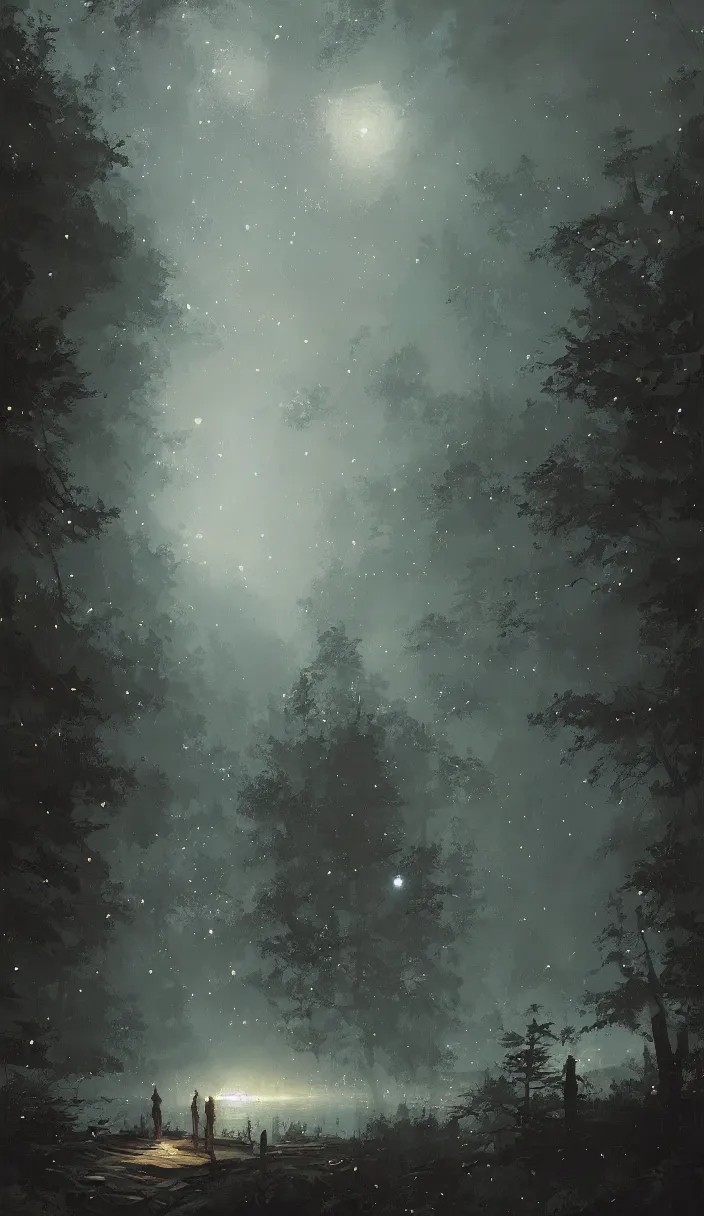 Prompt: Painting by Greg Rutkowski, at night a river flows from the sky in the forest and a constellation in the night sky