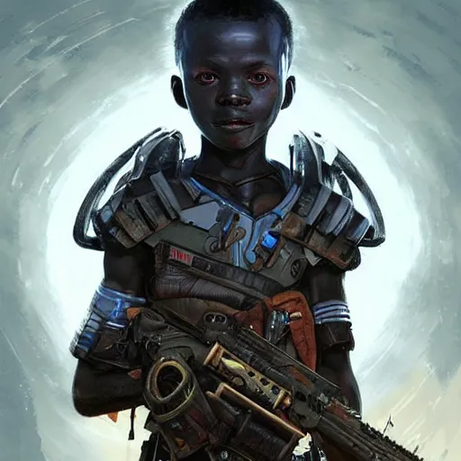 Image similar to a dark and ominous african child soldier with a half robot face and one glowing eye, Apex Legends character digital illustration portrait design, by android jones and greg rutkowski in a cyberpunk voodoo style, detailed, cinematic lighting, wide angle action dynamic portrait