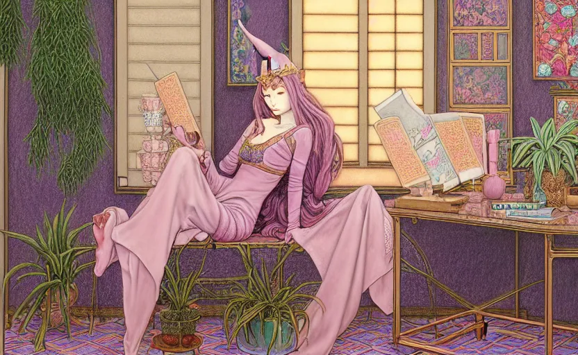 Image similar to a pastel drawing of a woman wizard, ornate clothing, lounging on a purpur pillow on the marbled checkered floor in her study room reading an ancient tome. to the side is a potted plant, moody candlelit raytracing. ancient scifi fantasy setting. detailed face, sharp focus. by chie yoshii and charles vess